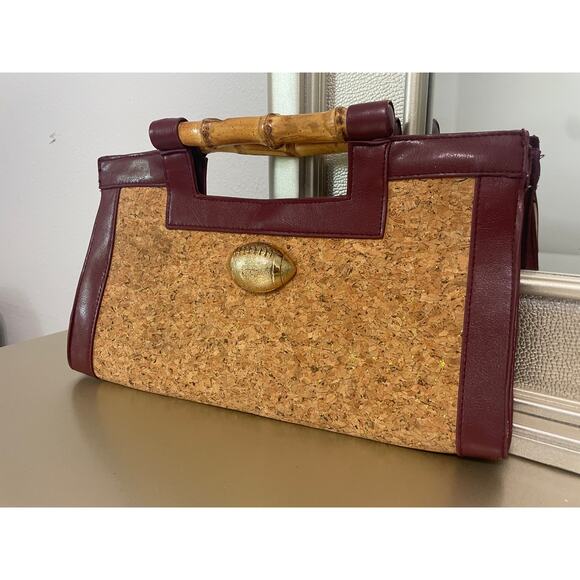 Diana E Kelly CORK GLITTER Handbag MaroonTrim Gold Football w/ Bamboo Handle - Picture 9 of 9